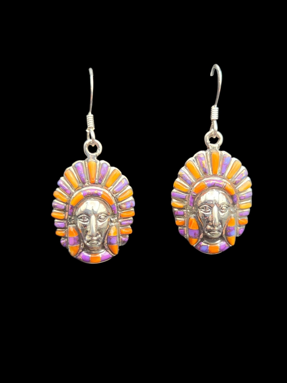 Silver Orange & Purple Spiny Oyster Headdress Dangle Earrings